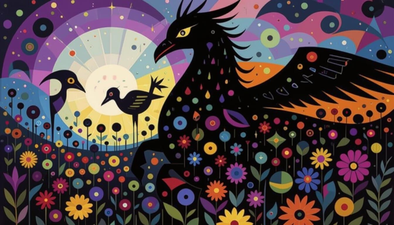 Surreal Meadow with Abstract Creatures in Geometric Style