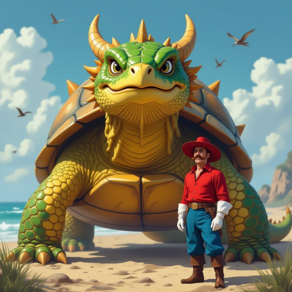 Dragon Turtle Confronts Man in Hyperreal Style