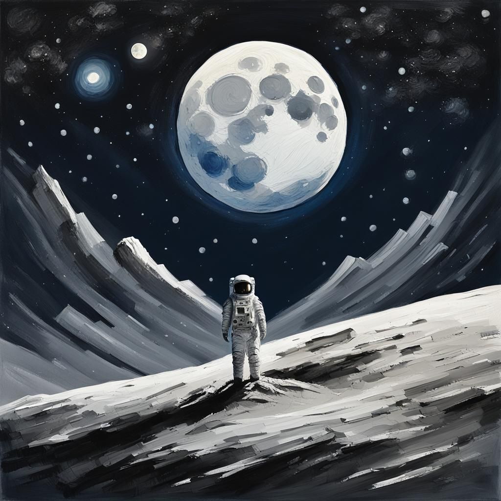 Astronaut on Moon in Minimalist Gouache Impasto Style