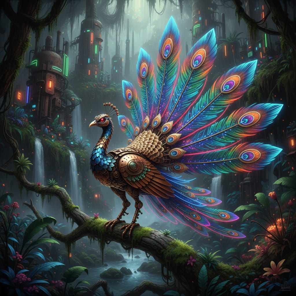 Steampunk Peacock with Holographic Feathers in Neon Jungle