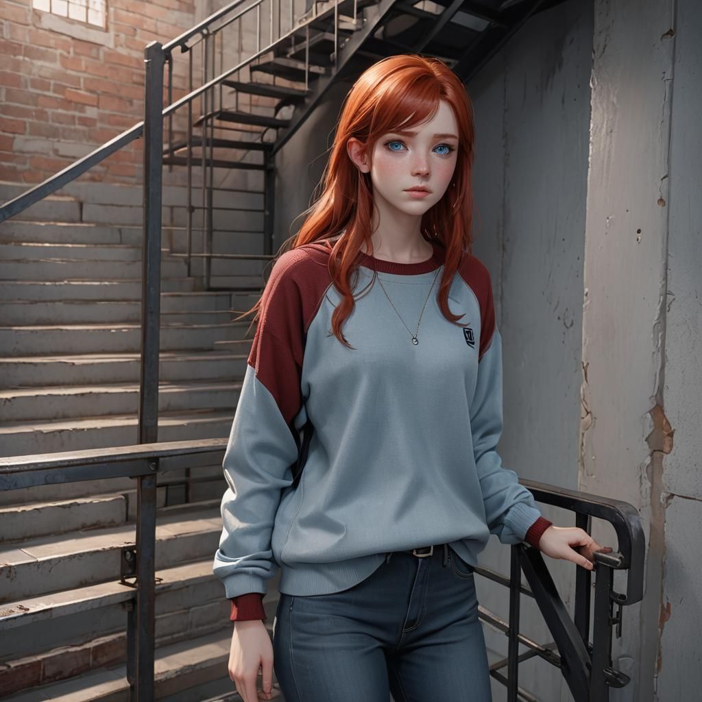 Red Haired Girl in Metal Stairwell: 3D Anime Art