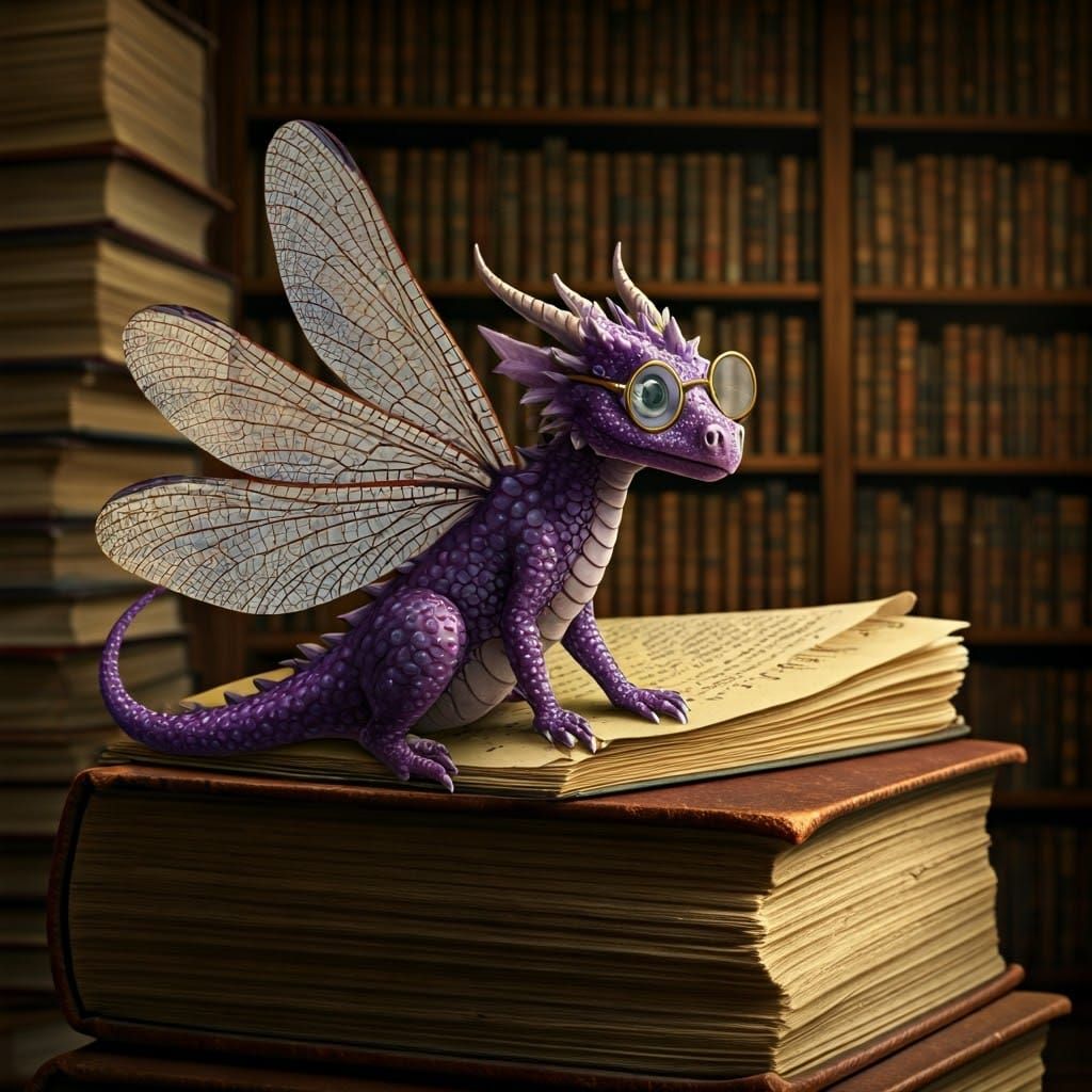 Whimsical Faerie Dragon in Dimly Lit Library