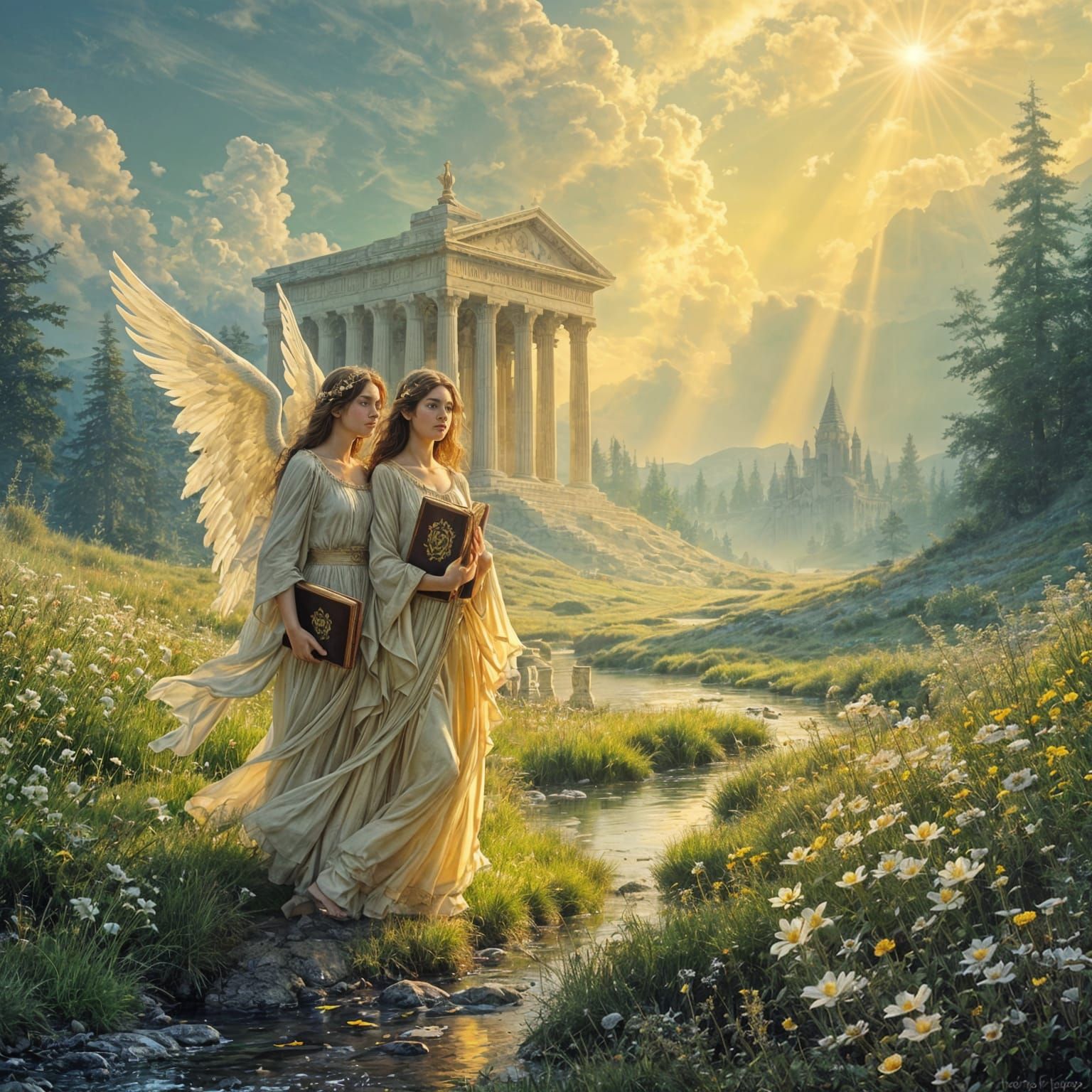 Angels Walking from Gothic Temple in Meadow