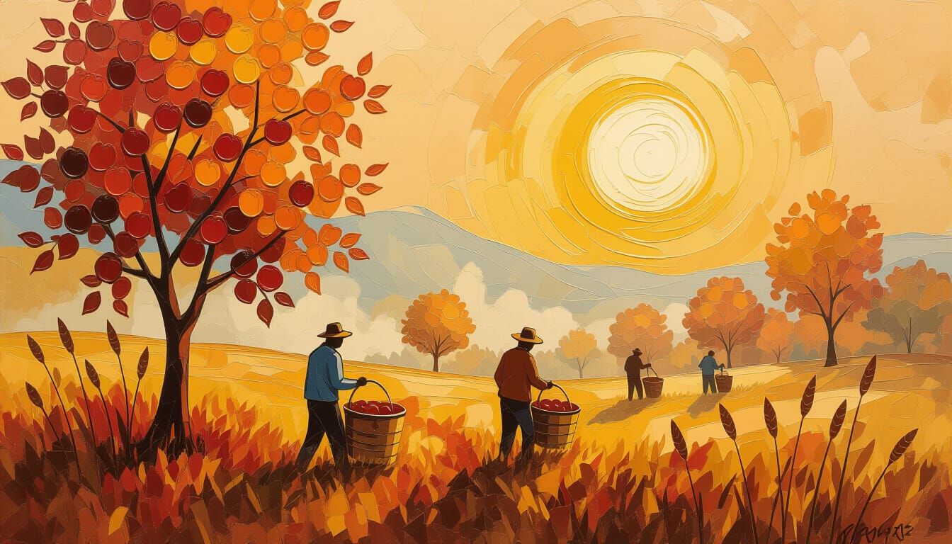 Farmers Harvesting Apples in Misty Sunrise Orchard