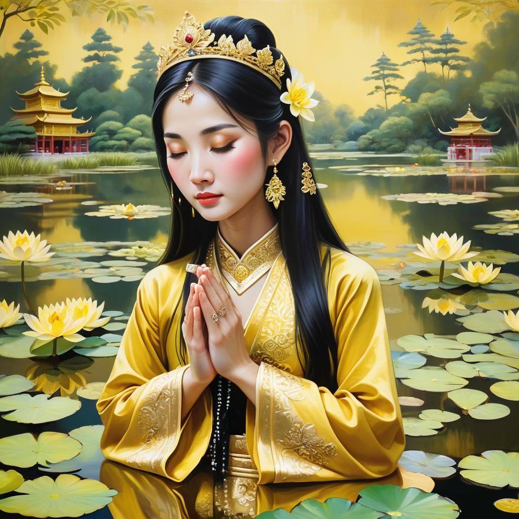 Golden Asian Woman in Prayer: Anime Style