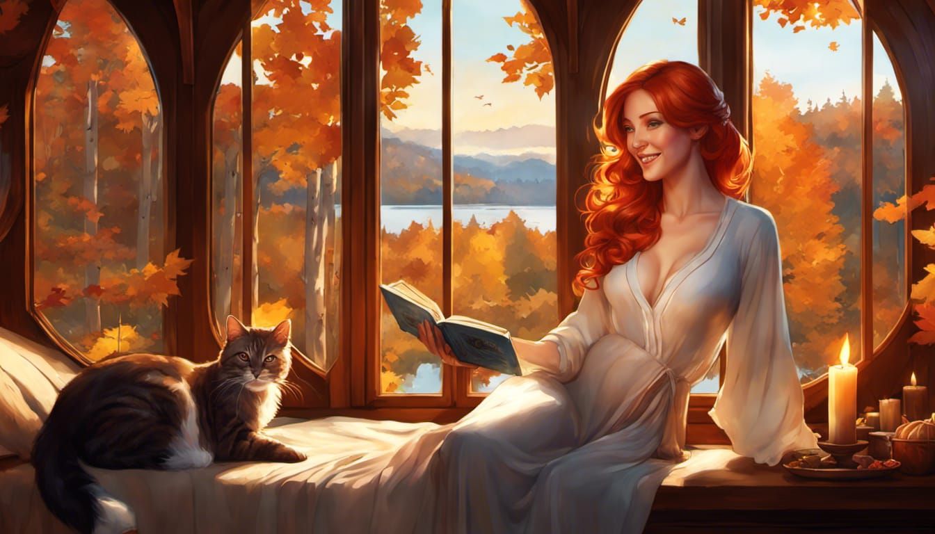 The stunning redhead enjoys a fantastic view from this woodl...