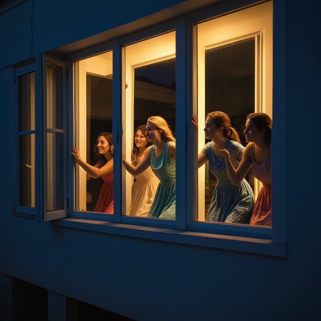 Three Girls Spinning Under a Window