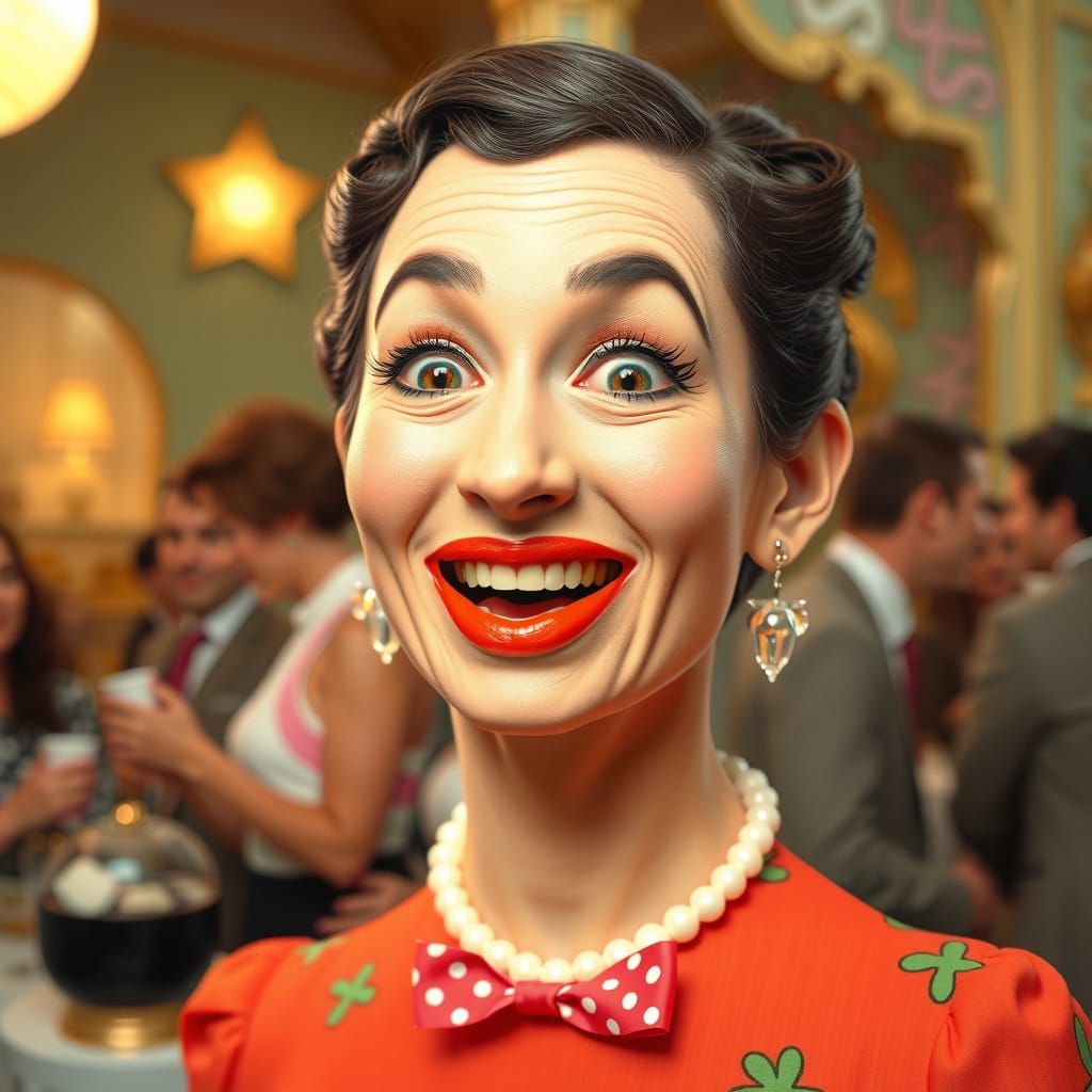 Flabbergasted 1950s Woman in 1980s Bubble Tea Party Dress