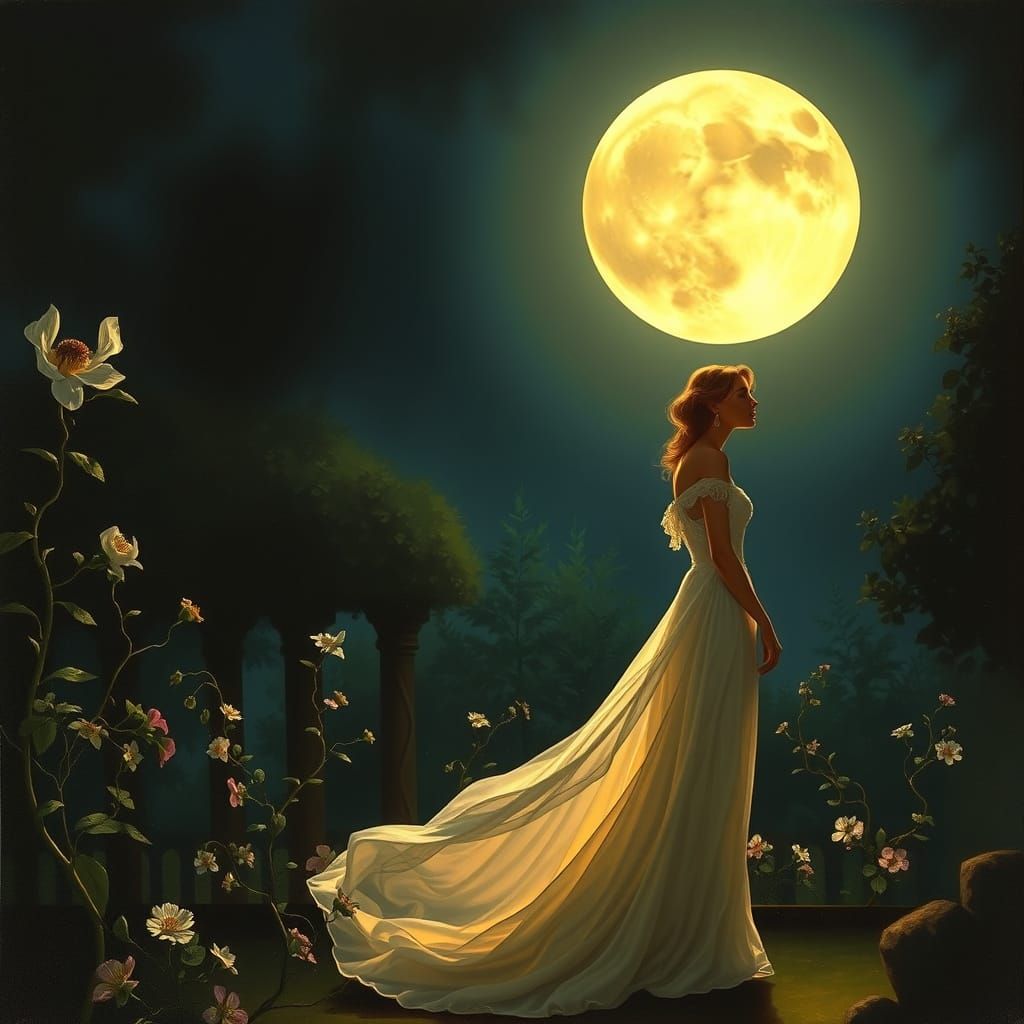 Edwardian Woman Gazes at Luminous Moon in Moonlit Garden