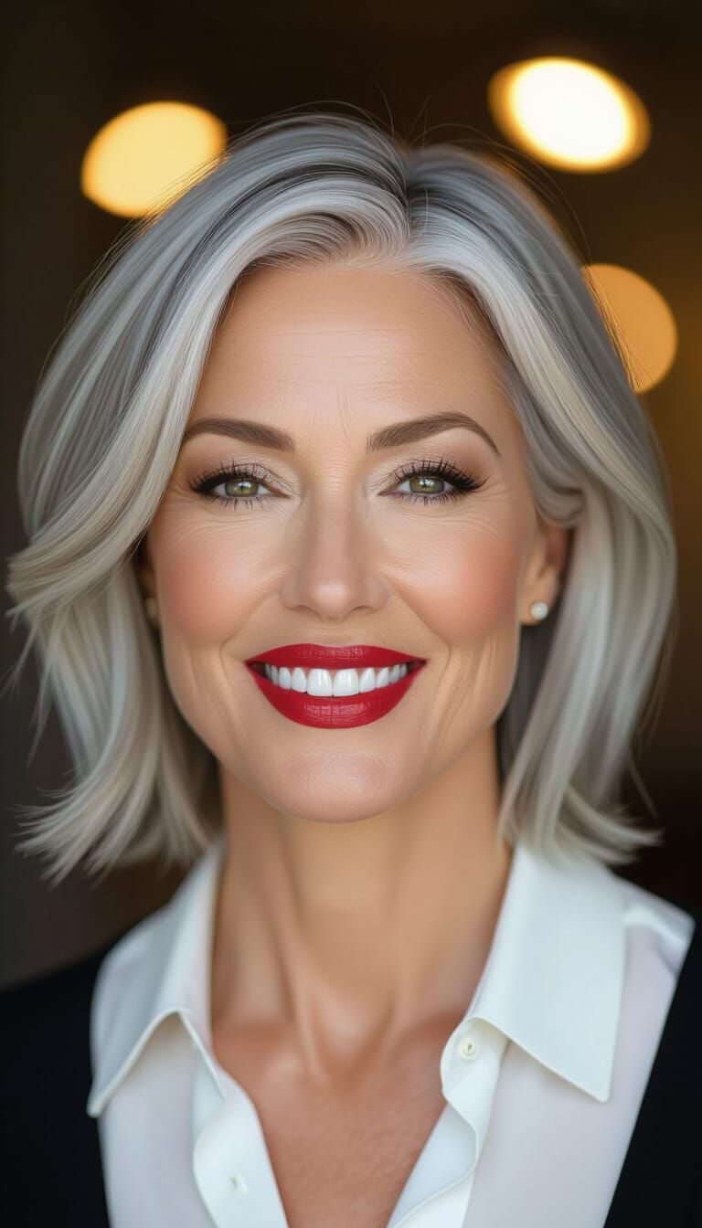 Mature Woman With Grey Bob Hair And Red Lipstick
