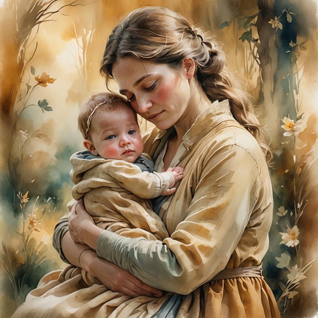 Heartwarming Mother and Baby in Dreamy Watercolor Art