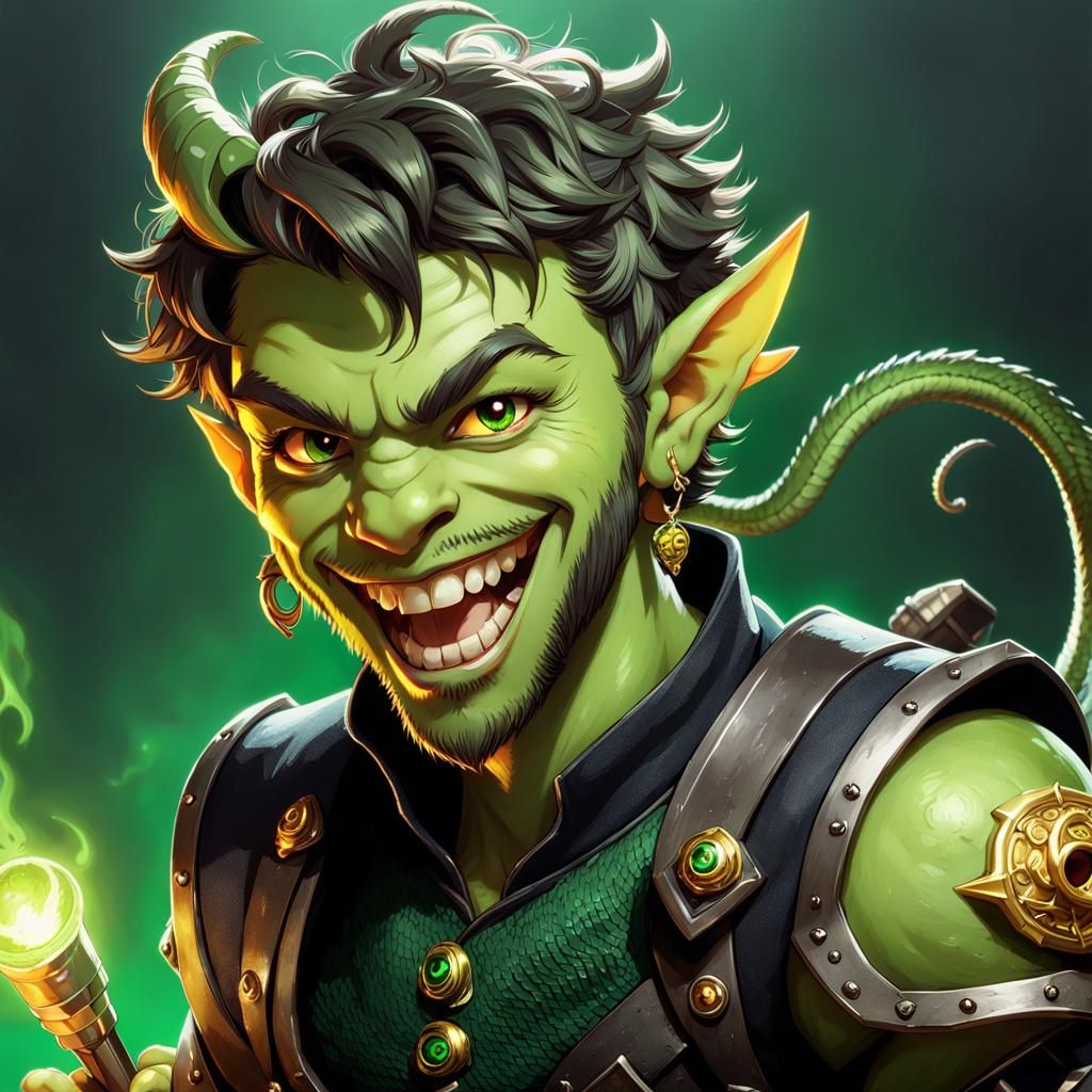 Smiling Green Goblin with Microphone