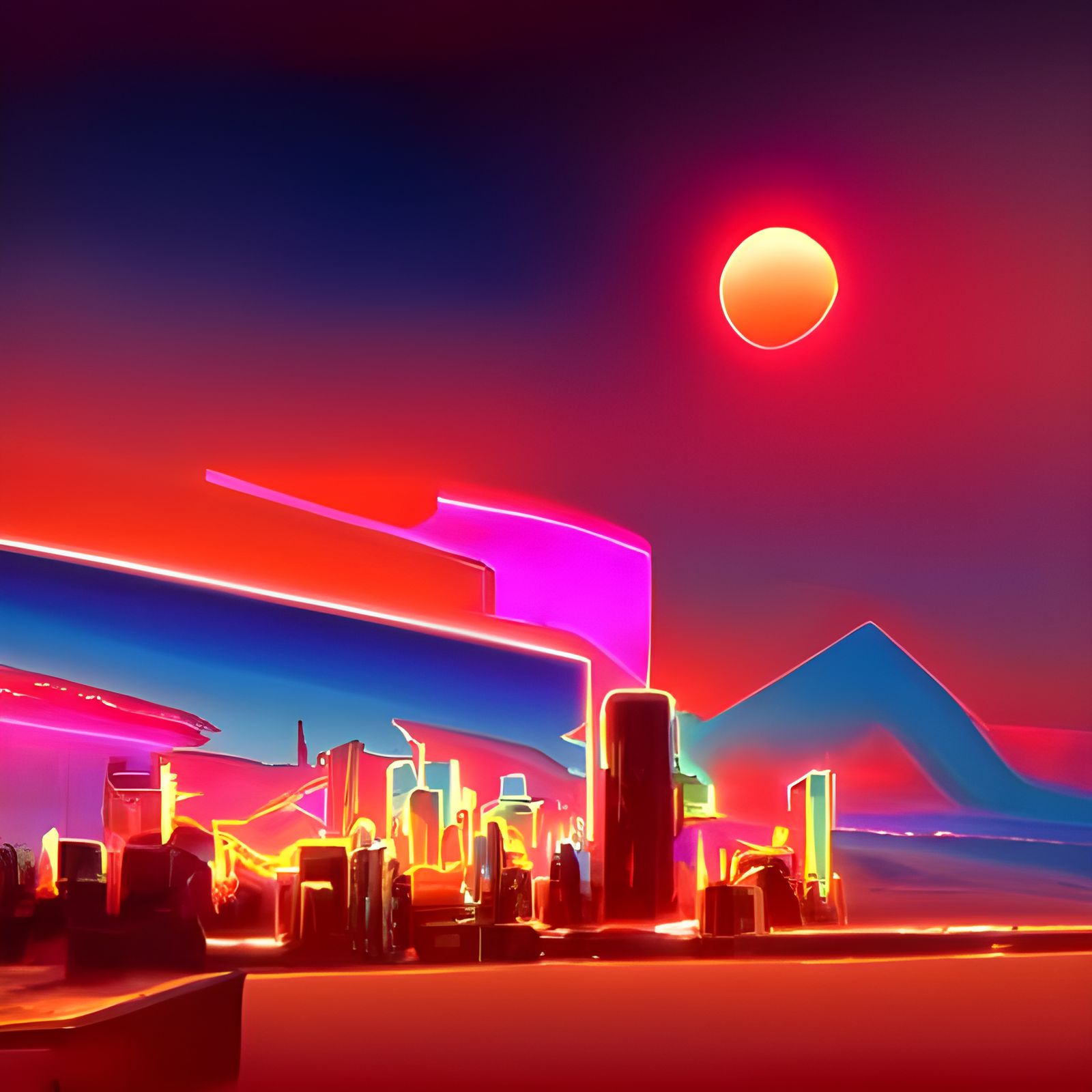 Neon Red City Sunset in Synthwave Style