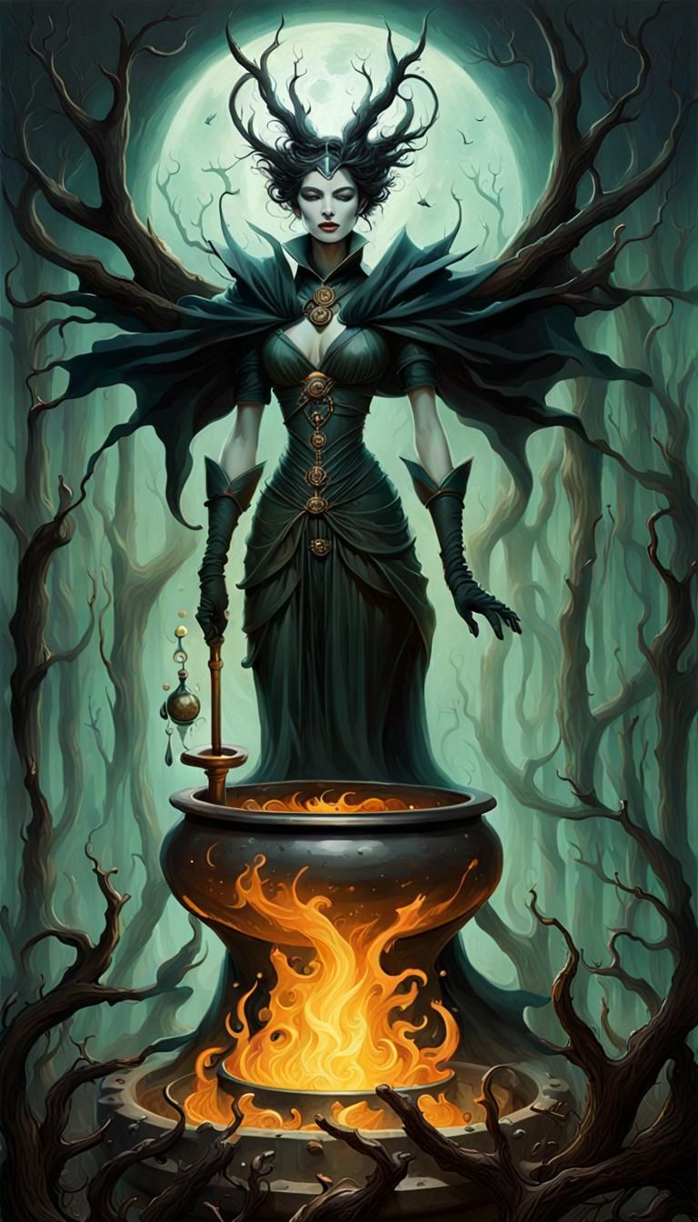 Sorceress Brewing Potion in Eerie Detailed Painting
