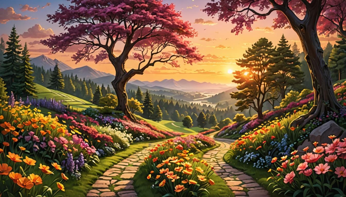 Landscape with Winding Path to a Sunrise