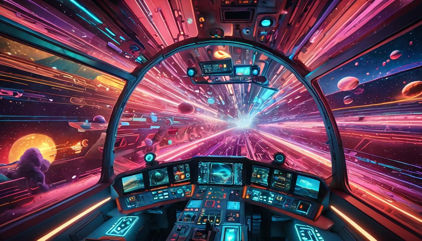 Vibrant Spaceship Cockpit in Psychedelic Digital Art