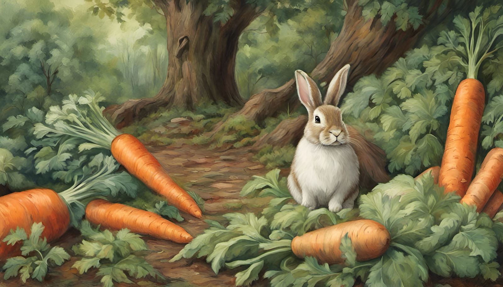 Rabbit on Carrot in Detailed Wet Brush Painting