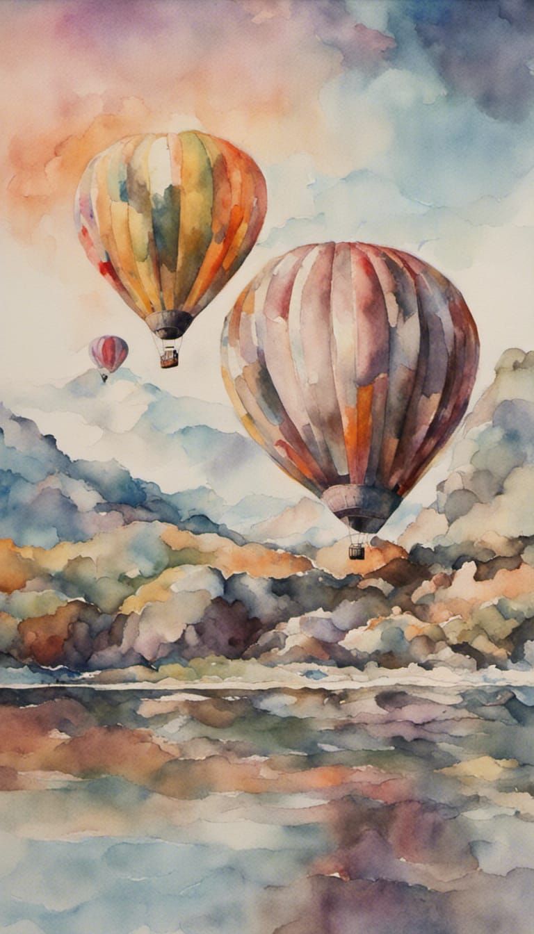 Watercolor Mountain Landscape with Hot Air Balloon