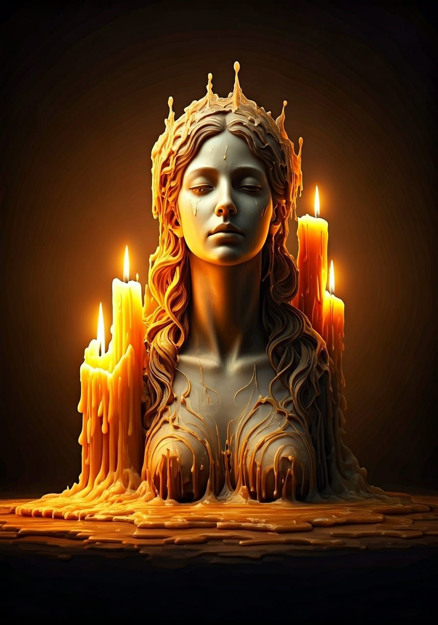 Melting Wax Woman Sculpture in Golden Light