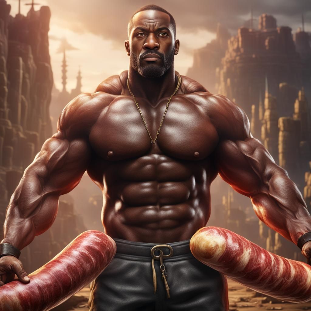 Bodybuilder's Sausage Discovery: Detailed Matte Painting