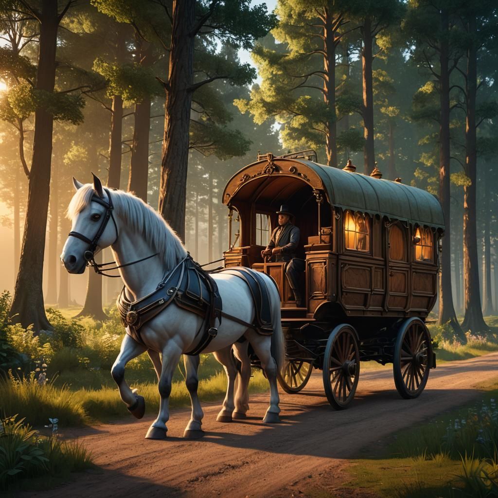 Fantasy Horse-Drawn Mobile Home in Forest at Sunset