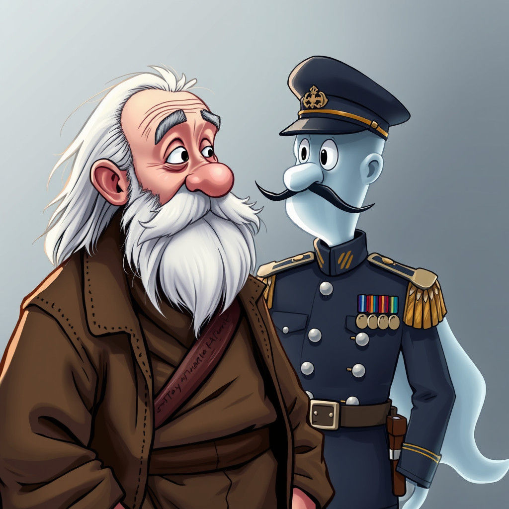 Cartoon Old Man Visited by Military Ghost