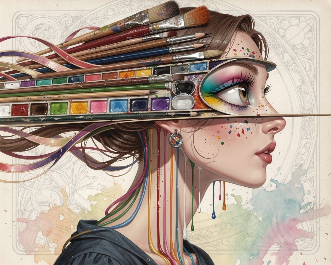 Whimsical Nouveau Portrait of Woman with Art Supplies Hair