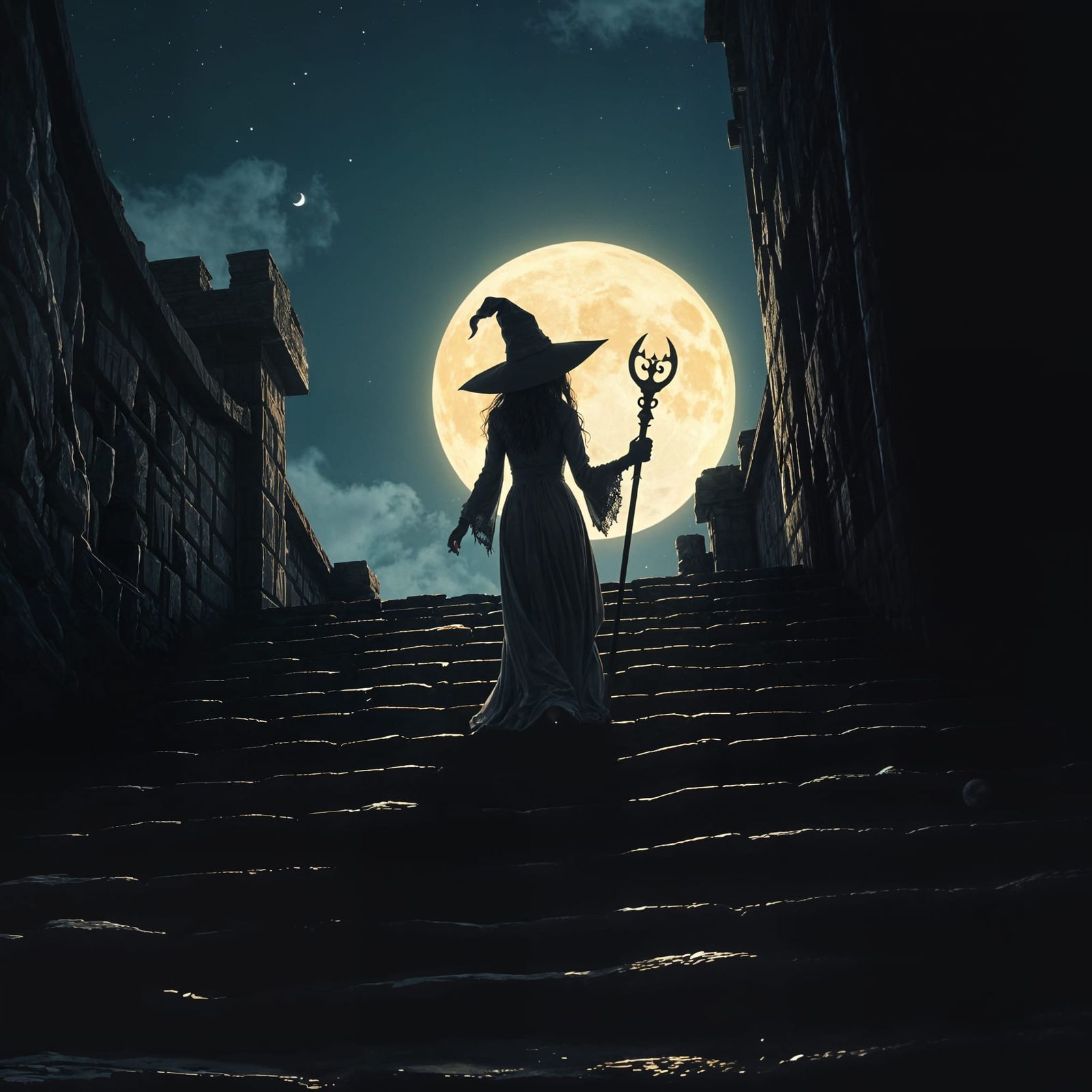 Moonlit Witch Descends Obsidian Staircase: Fantasy Illustrat...