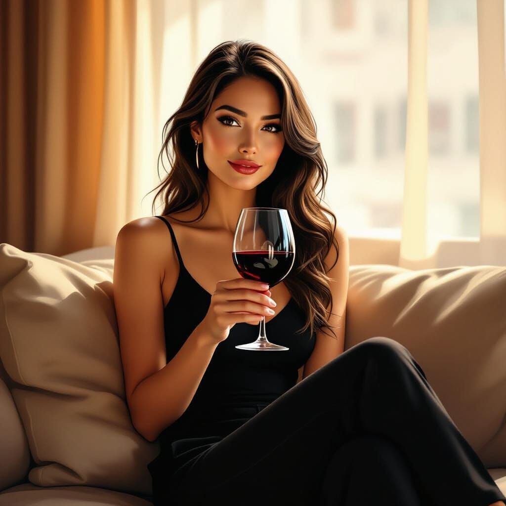 Creative Woman Enjoys Wine in Warm, Cinematic Lighting