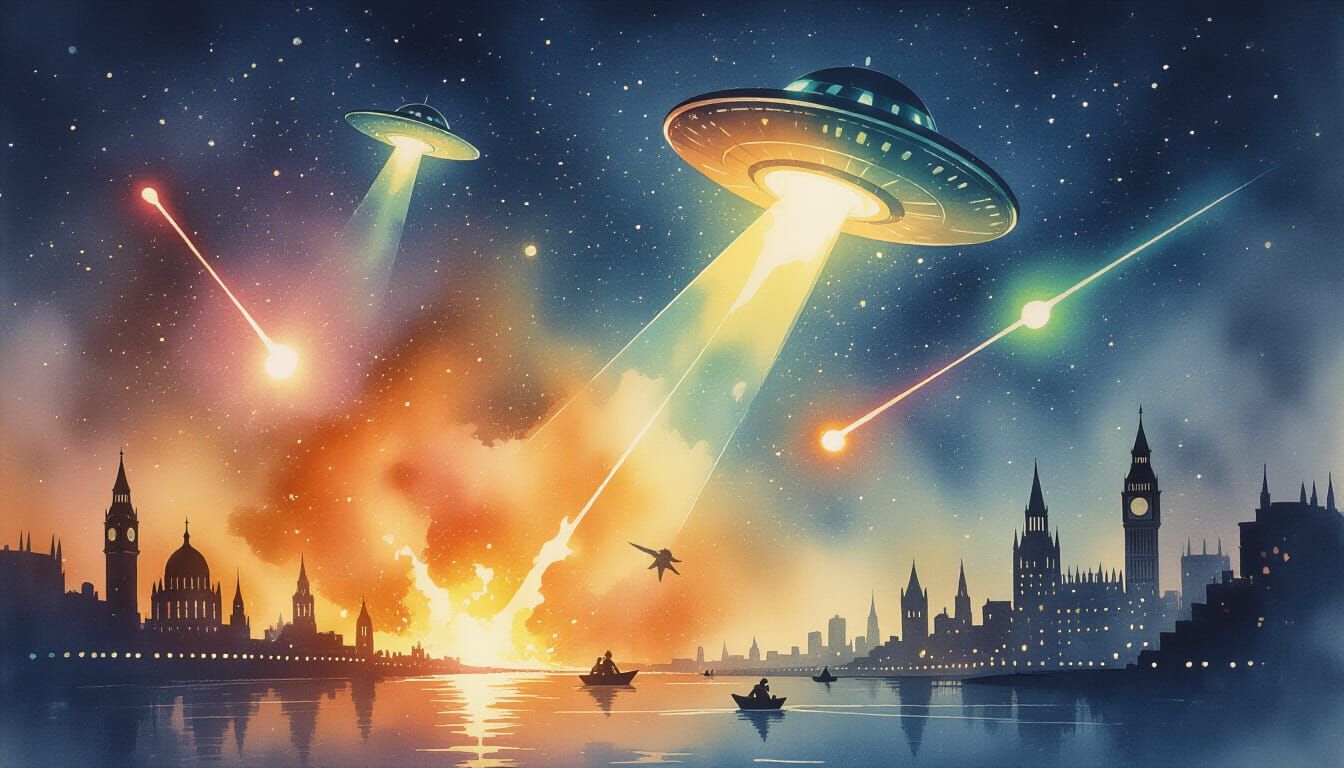 UFO Alien Invasion Over City in Watercolor Style