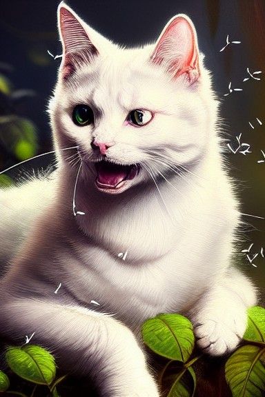Hyper-Realistic Smiling White Cat in Forest