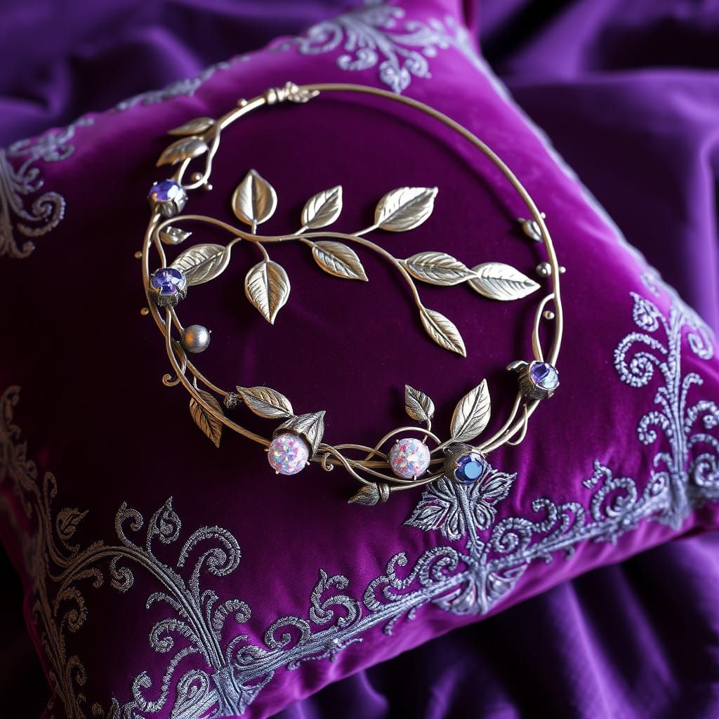 Elven Prince's Ornate Circlet Rests on Velvet Pillow