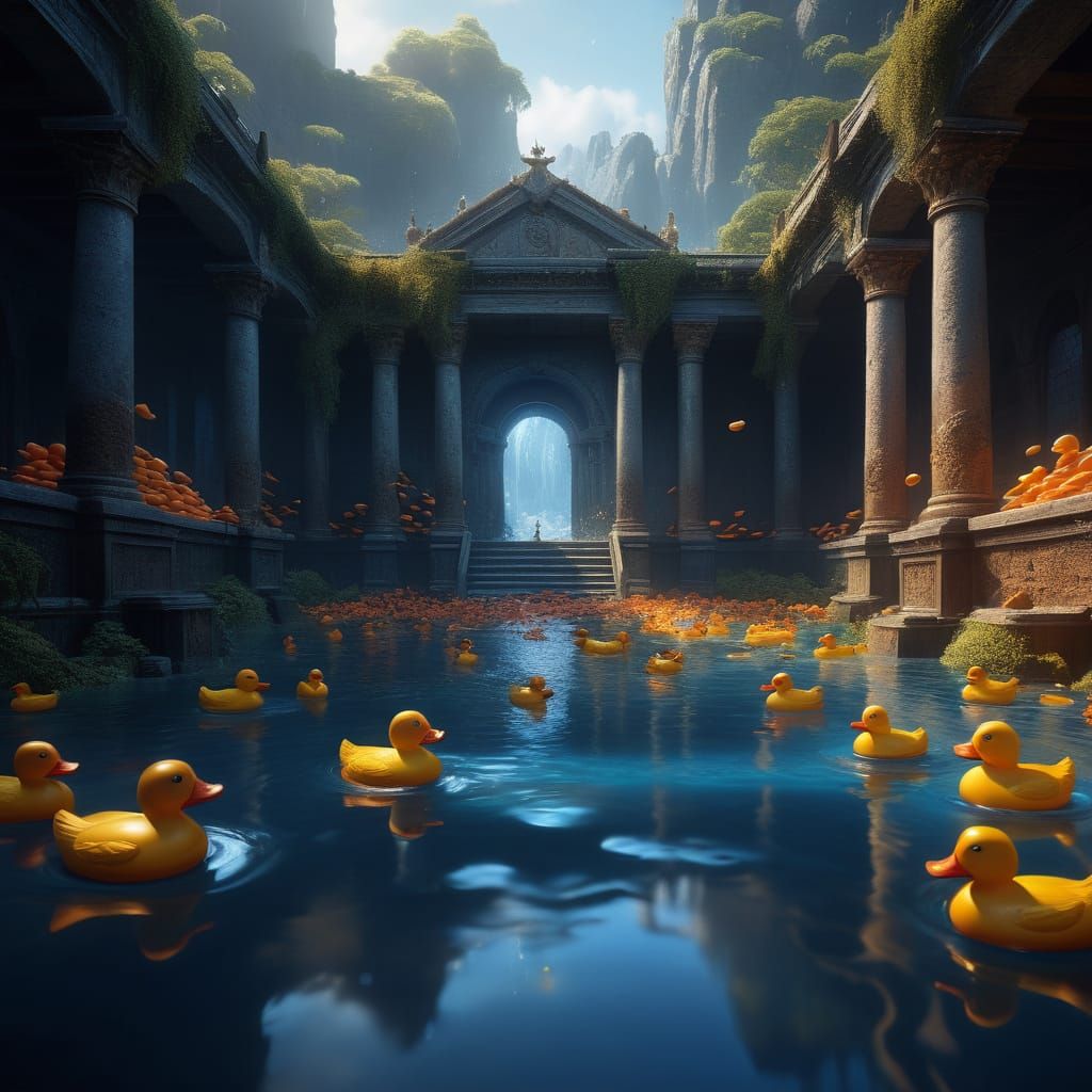 Vibrant Fantasy Splash Art with Rubber Ducks