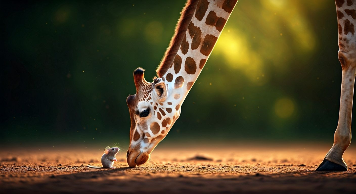 Gentle Giraffe and Tiny Mouse Encounter