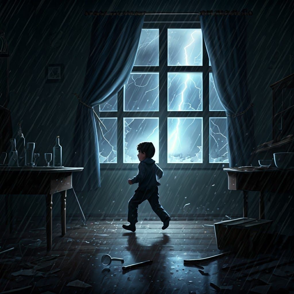Boy Fleeing Storm-Ravaged Home in Anime Style