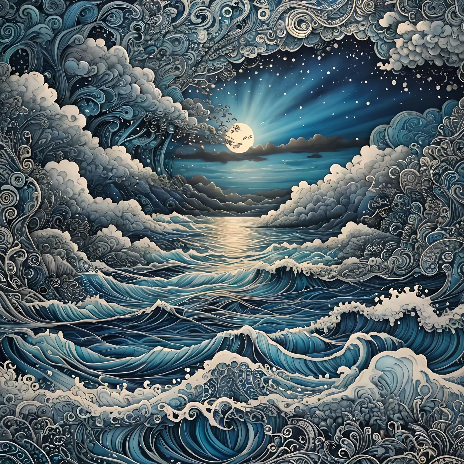 3D Zentangle Stormy Ocean in Metallic Blue and White