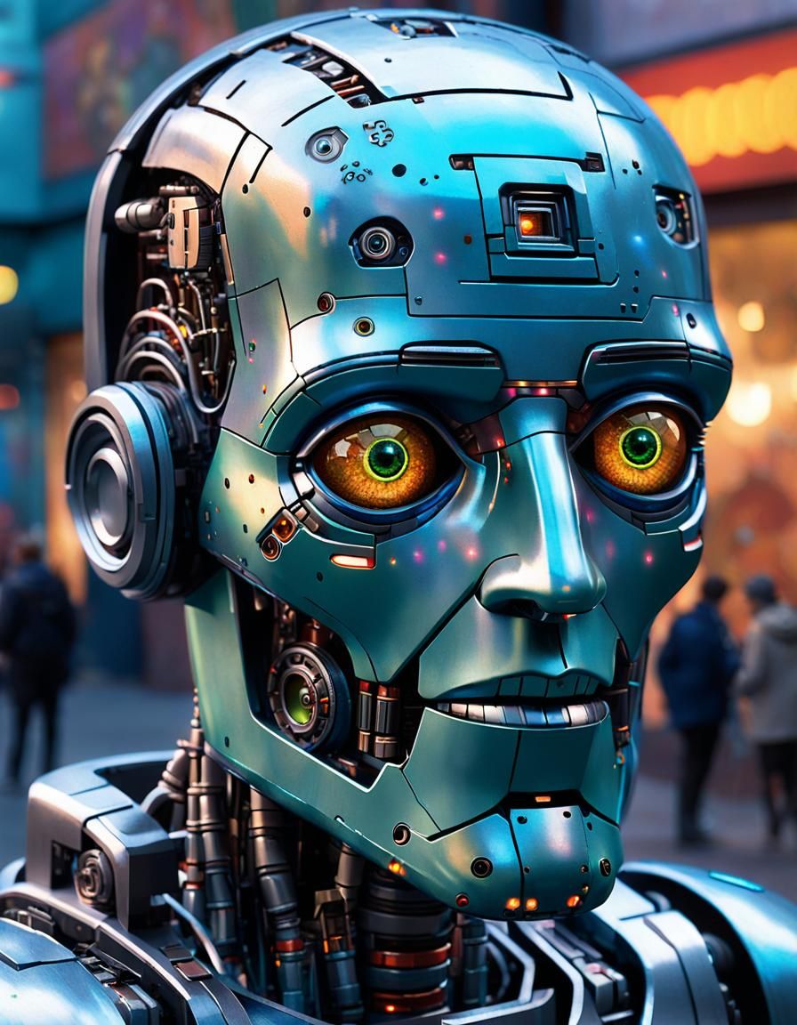 Android Robot Soul Awakening in Cyberpunk Street Art