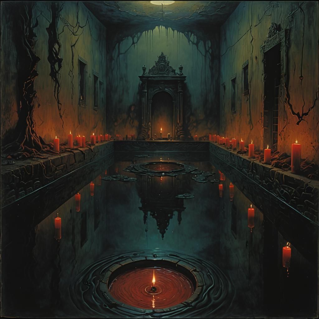 Disturbing Reflection in Blood Pool, in Haunting Surrealism