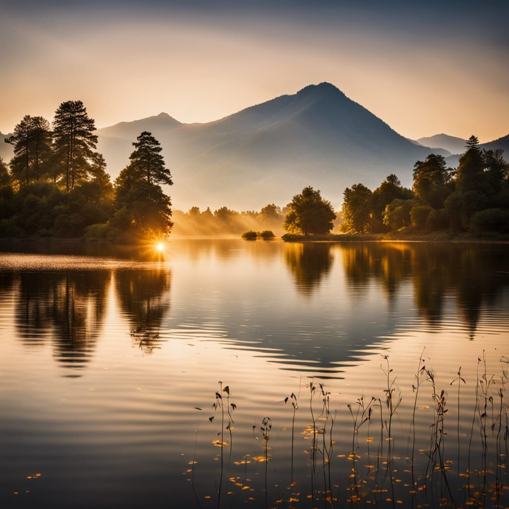 Serene Lake at Golden Hour: National Geographic Style