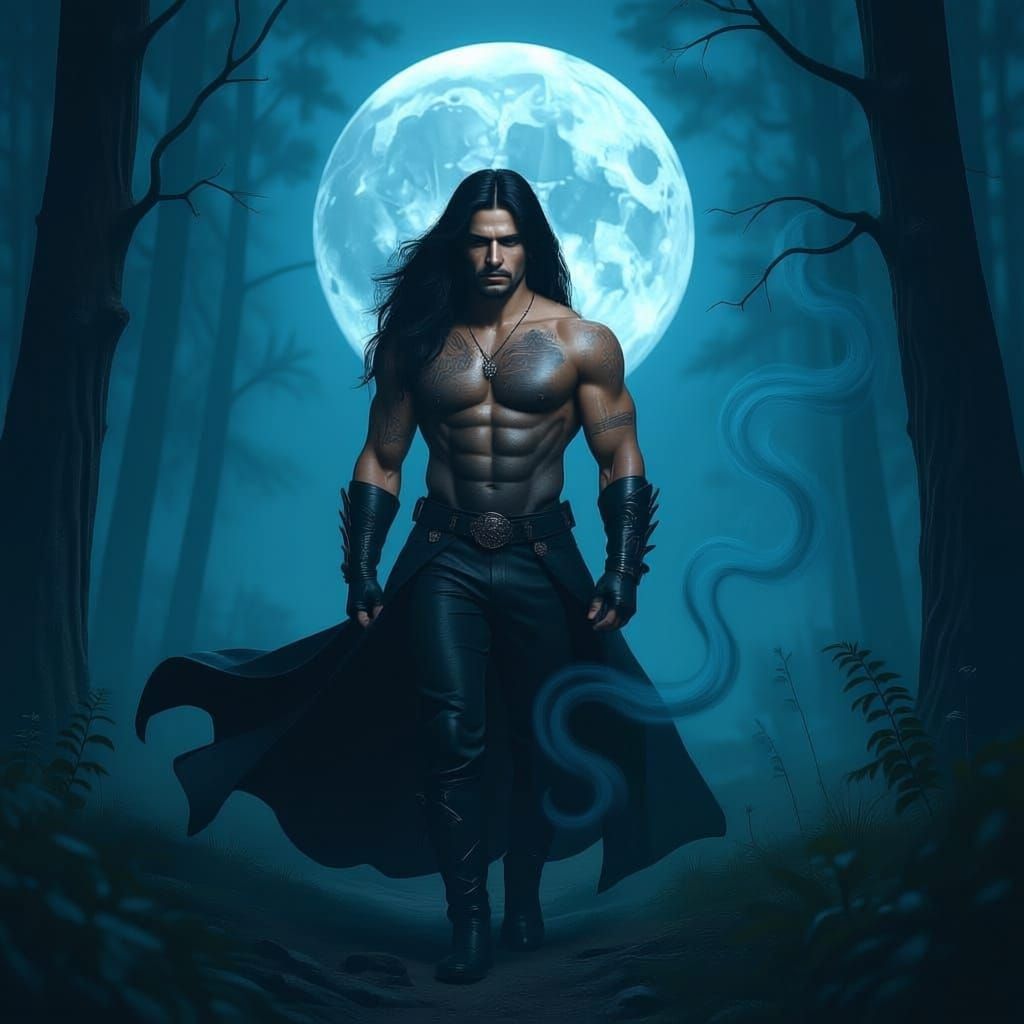 Mysterious Man in Forest Clearing Under Full Moon