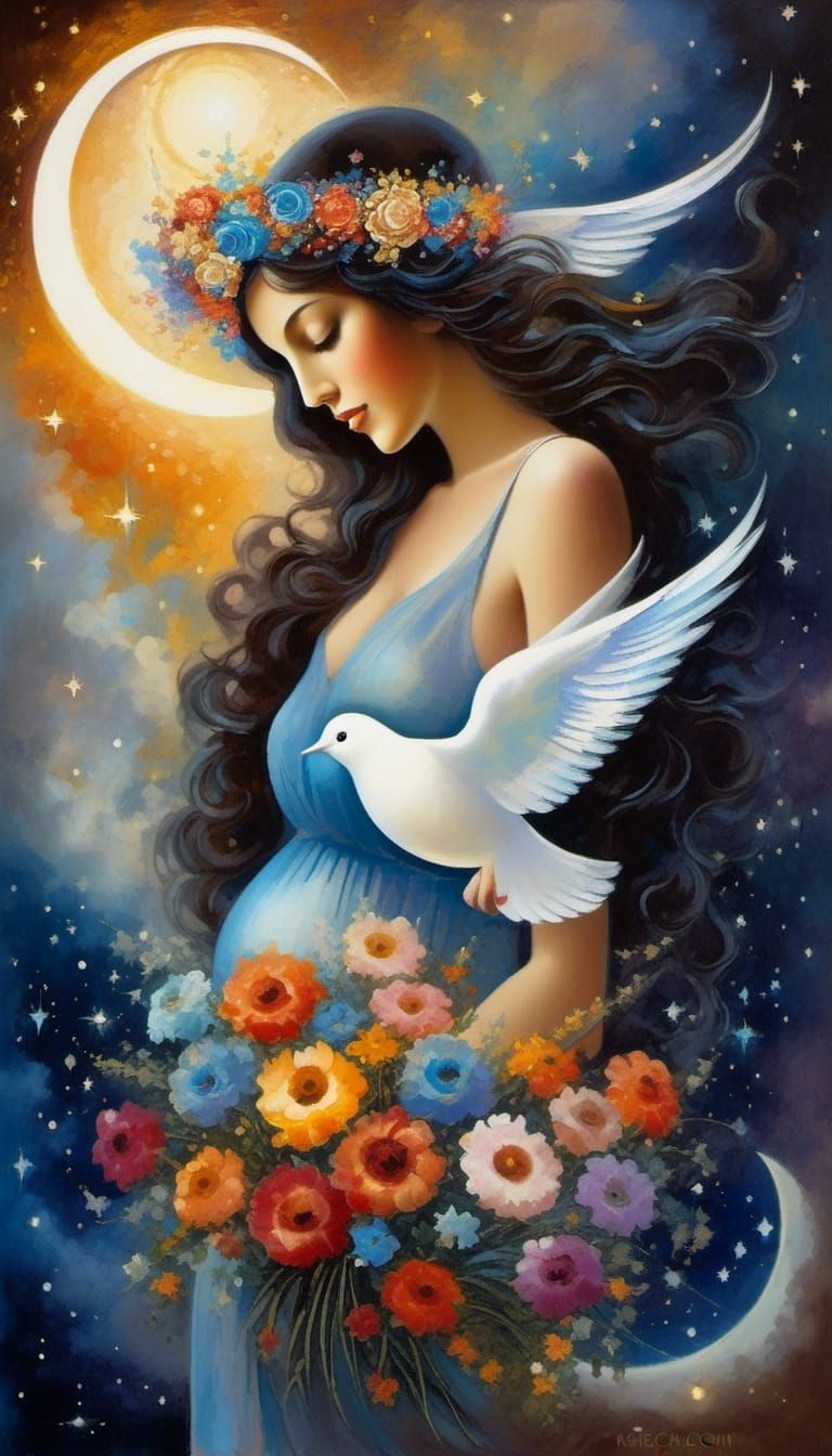 Pregnant Woman Under Starry Sky, Surrealist Oil Painting