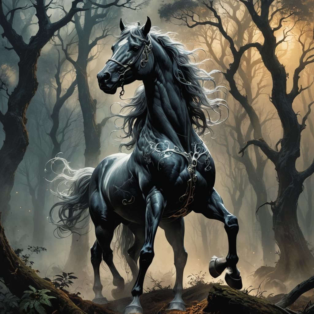 Mystical Horse in Dark Fantasy Forest