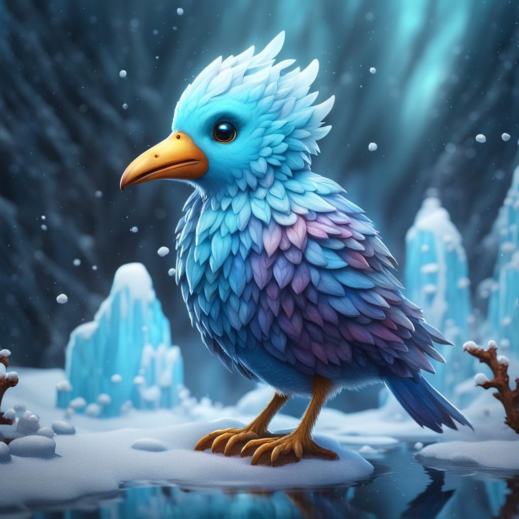 Cute Ice Bird in Detailed Digital Painting