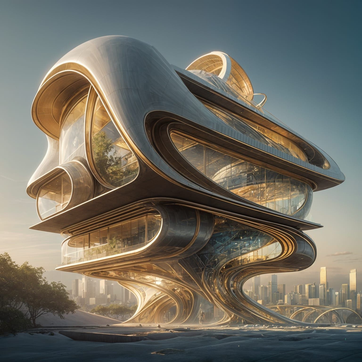 Surreal Futuristic House Twists in Mid-Air, Blending Organic...