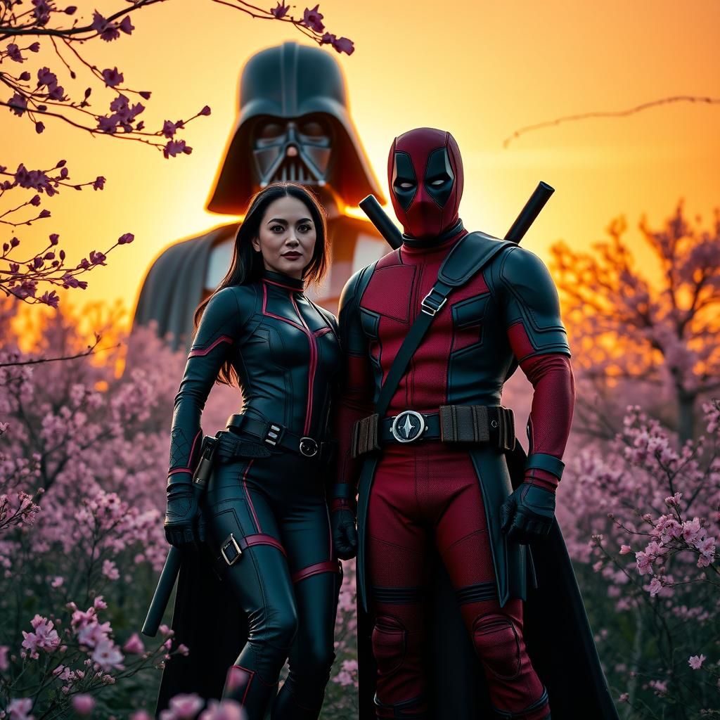 Psylocke, Deadpool, and Darth Vader in Cherry Blossom Field