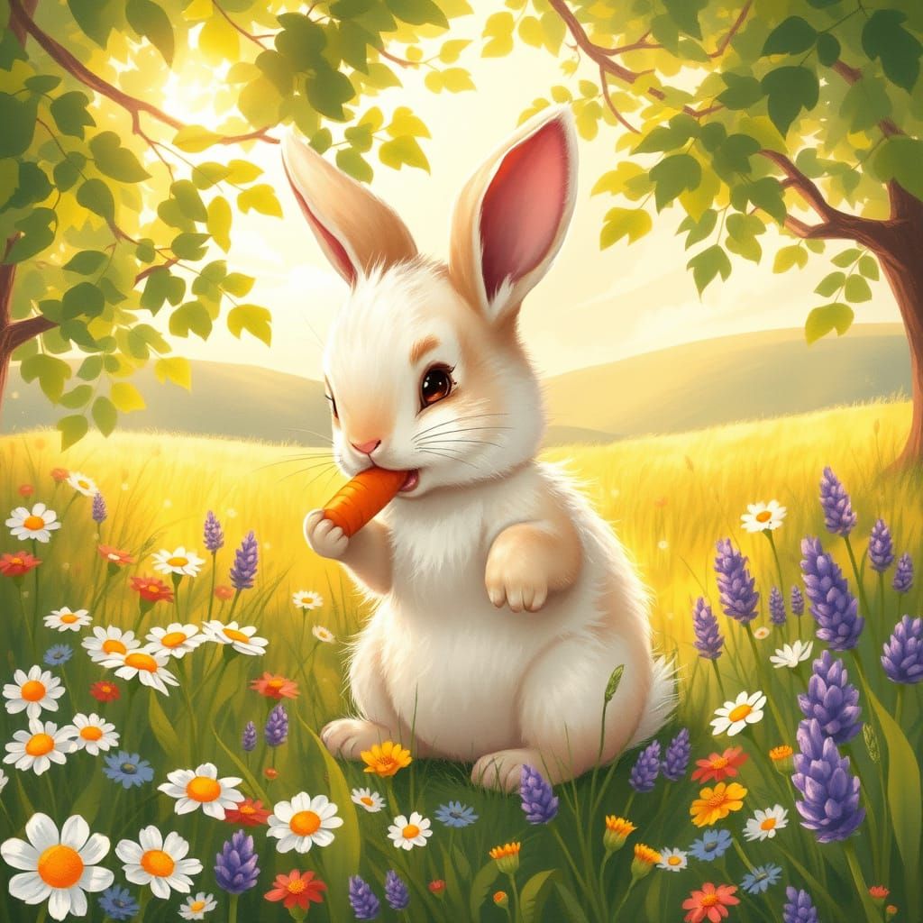 Whimsical Bunny in a Vibrant Meadow Landscape