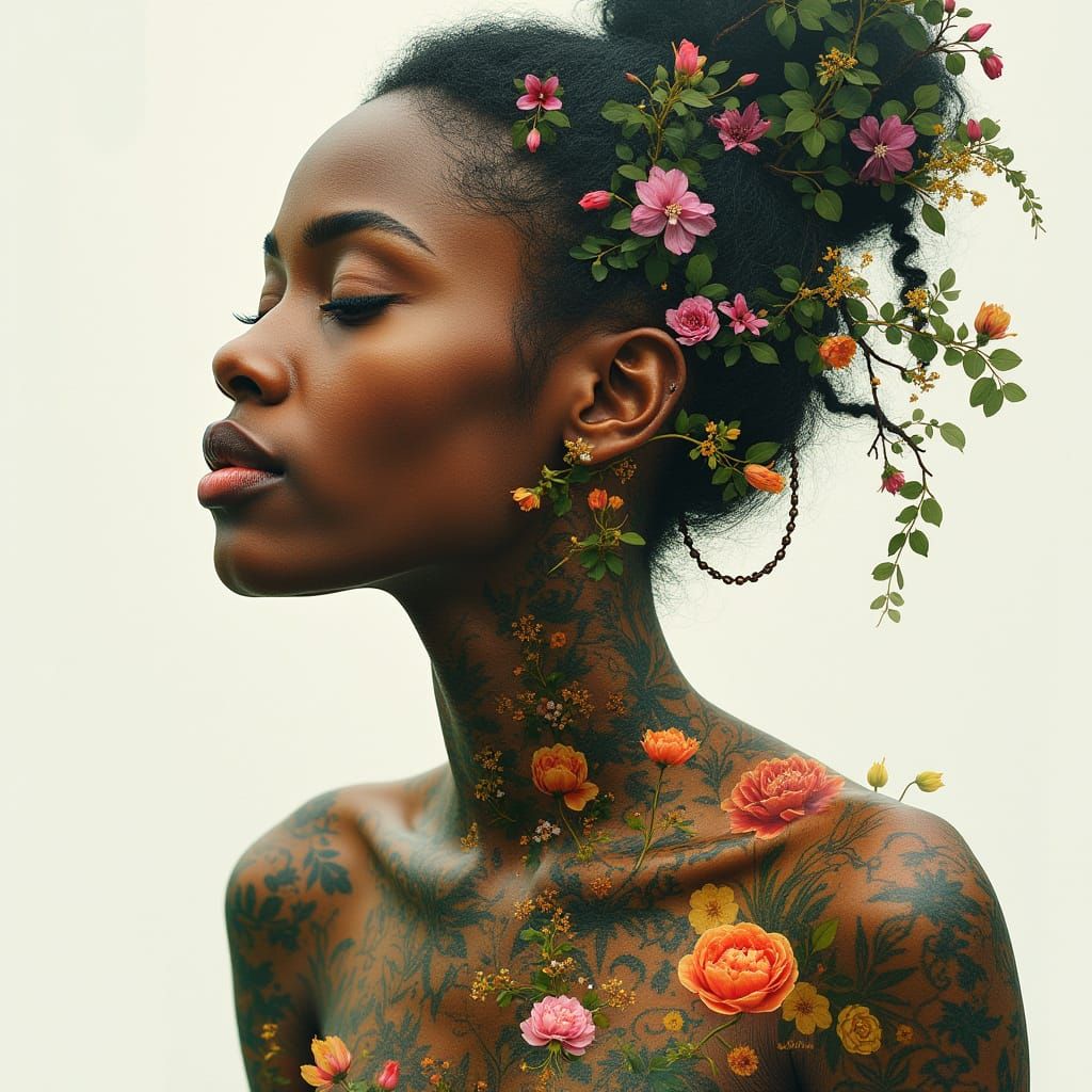 Surreal Portrait of Black Woman in Vibrant Garden