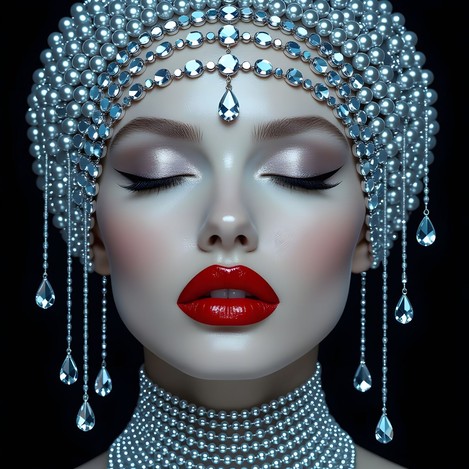 Surreal Portrait with Silver Beads and Red Lips
