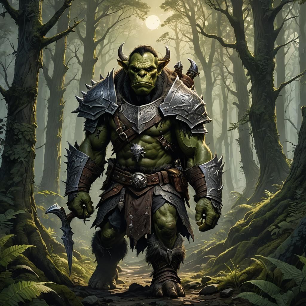 Epic Orc Warrior on Forest Path in Fantasy Illustration