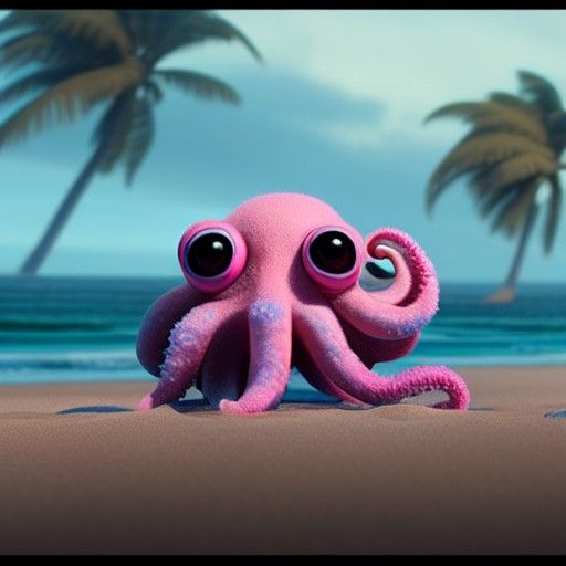 Adorable Pink Octopus on the Beach in Maximalist Style